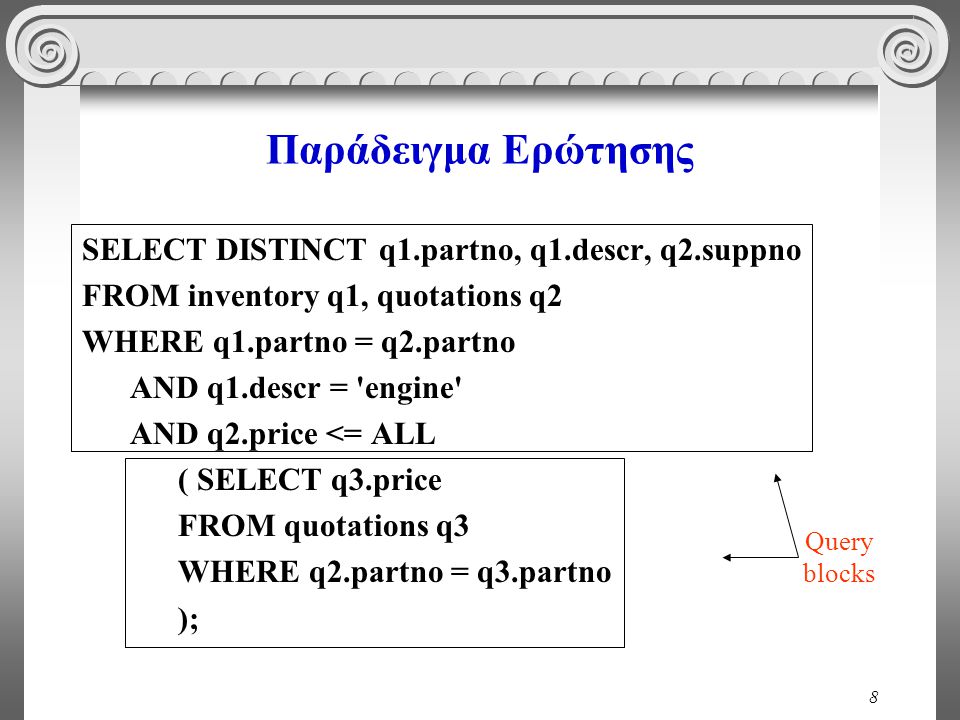 8 Παράδειγμα Ερώτησης SELECT DISTINCT q1.partno, q1.descr, q2.suppno FROM inventory q1, quotations q2 WHERE q1.partno = q2.partno AND q1.descr = engine AND q2.price <= ALL ( SELECT q3.price FROM quotations q3 WHERE q2.partno = q3.partno ); Query blocks
