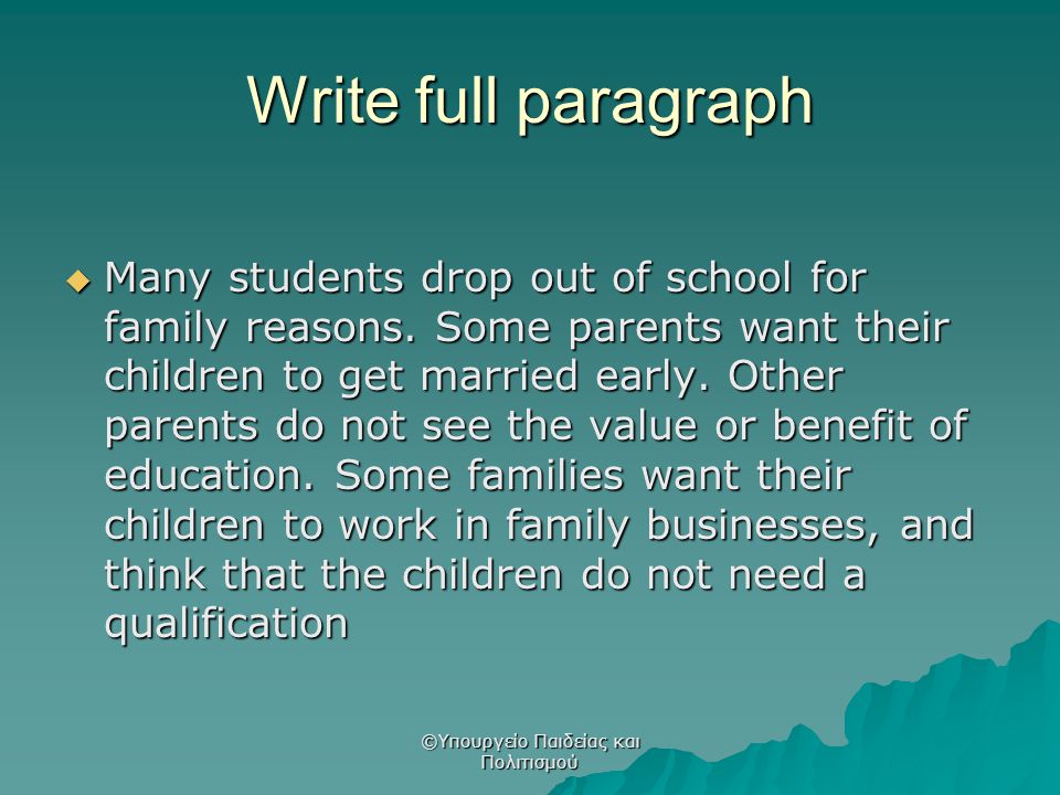Write full paragraph  Many students drop out of school for family reasons.
