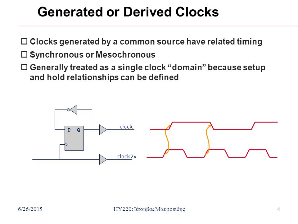 6/26/2015HY220: Ιάκωβος Μαυροειδής4 Generated or Derived Clocks  Clocks generated by a common source have related timing  Synchronous or Mesochronous  Generally treated as a single clock domain because setup and hold relationships can be defined DQ clock2x clock