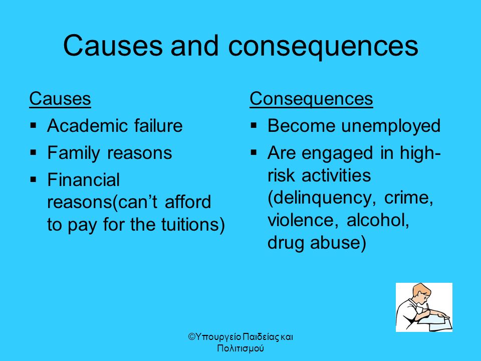 Causes and consequences Causes  Academic failure  Family reasons  Financial reasons(can’t afford to pay for the tuitions) Consequences  Become unemployed  Are engaged in high- risk activities (delinquency, crime, violence, alcohol, drug abuse) ©Υπουργείο Παιδείας και Πολιτισμού