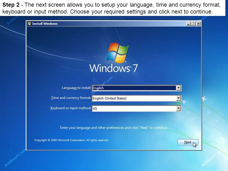 Step 2 - The next screen allows you to setup your language, time and currency format, keyboard or input method.