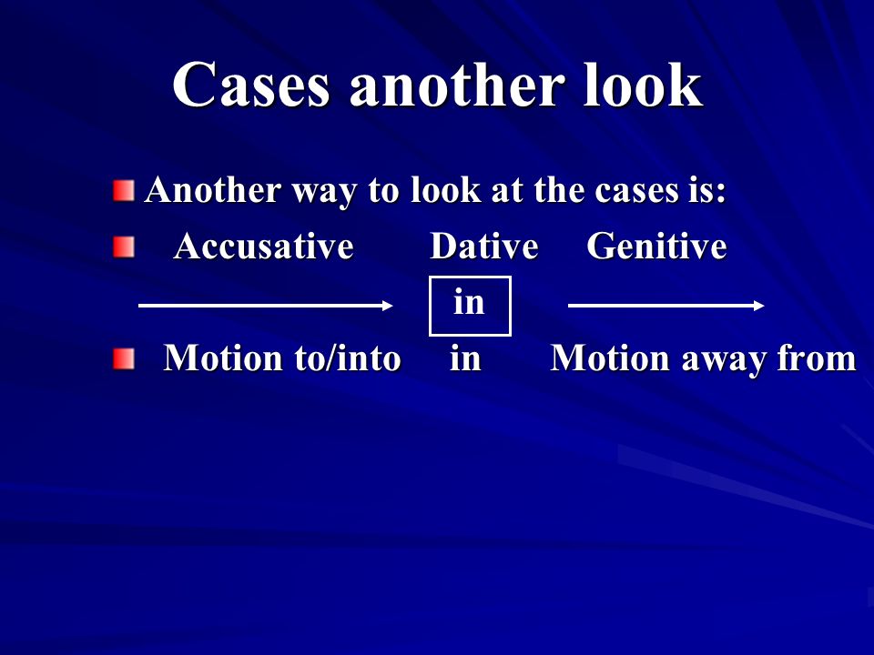 Cases another look Another way to look at the cases is: Accusative Dative Genitive Accusative Dative Genitive Motion to/into in Motion away from Motion to/into in Motion away from in