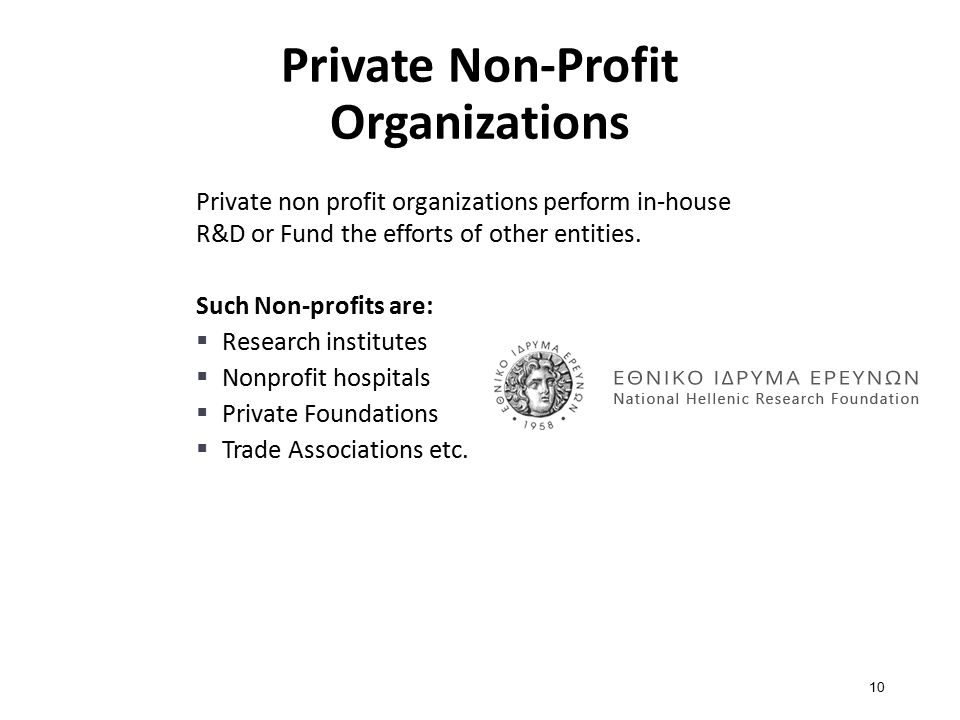 Private Non-Profit Organizations Private non profit organizations perform in-house R&D or Fund the efforts of other entities.