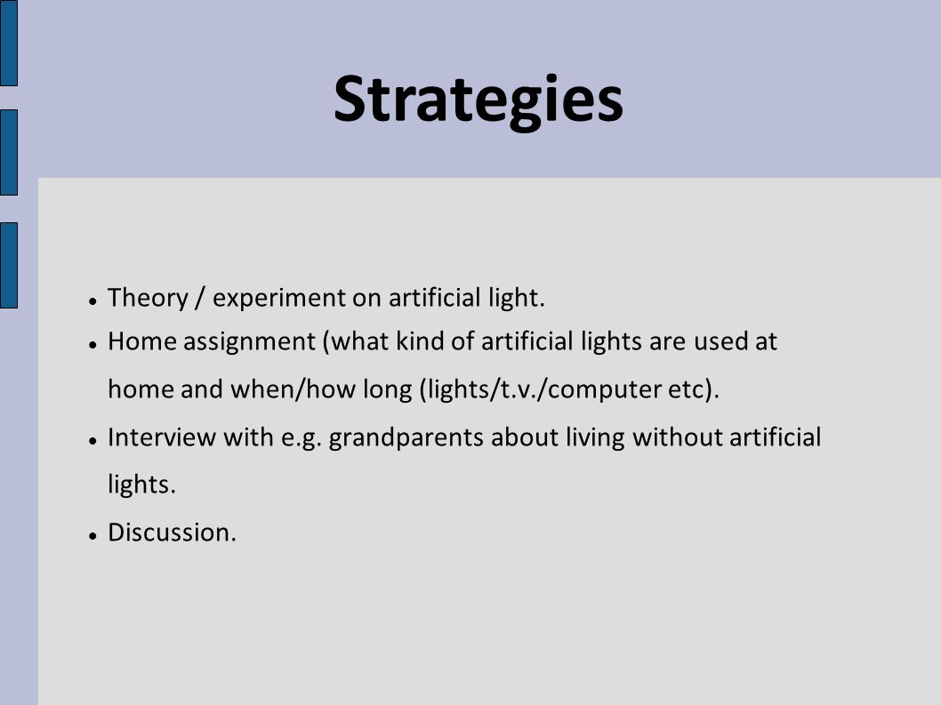 Theory / experiment on artificial light.