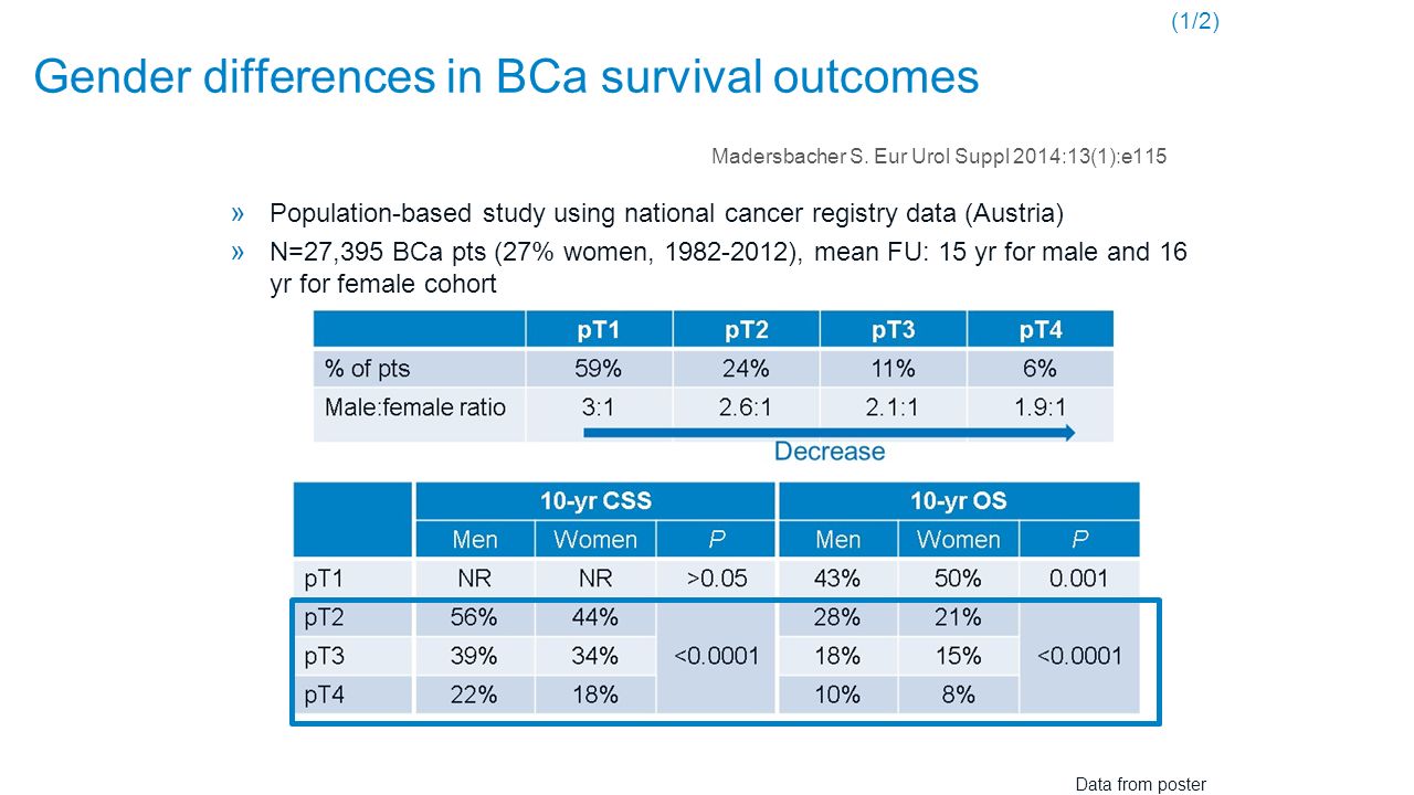 » Population-based study using national cancer registry data (Austria) » N=27,395 BCa pts (27% women, ), mean FU: 15 yr for male and 16 yr for female cohort Madersbacher S.
