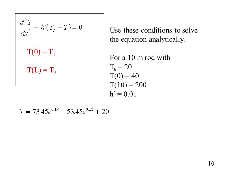 T(0) = T 1 T(L) = T 2 Use these conditions to solve the equation analytically.