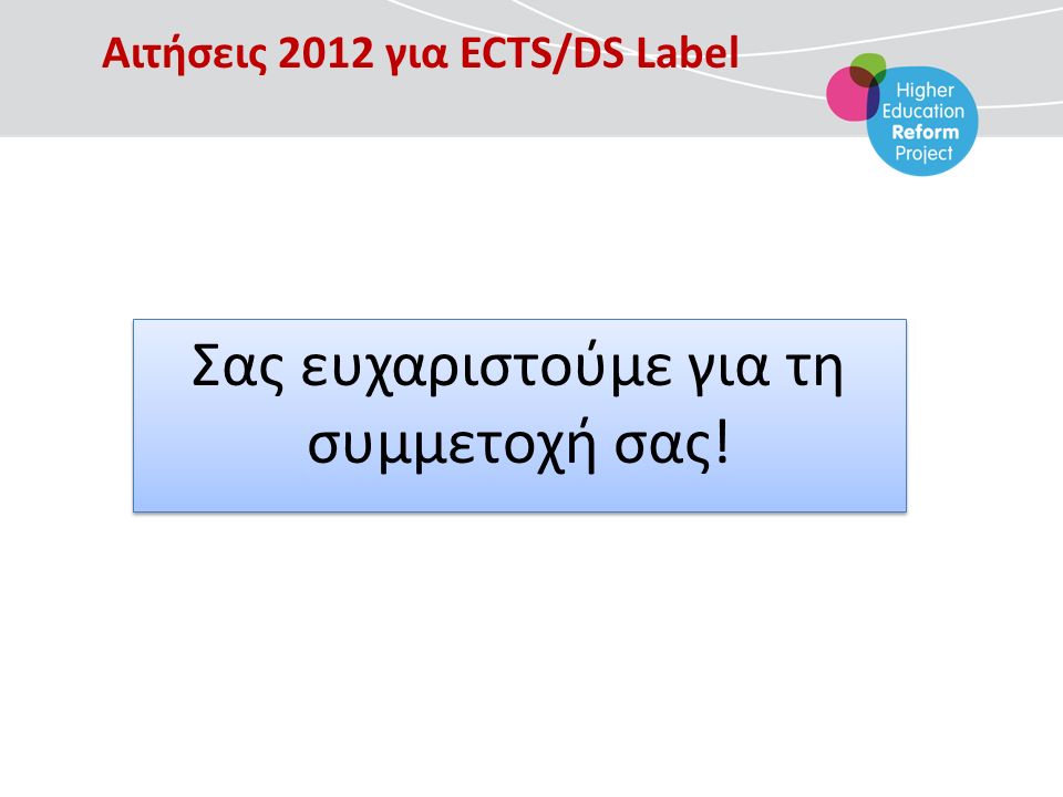 Αιτήσεις 2012 για ECTS/DS Label Σας ευχαριστούμε για τη συμμετοχή σας!