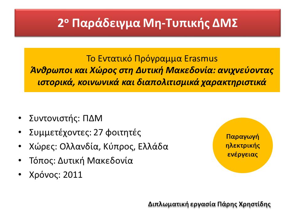 Το Εντατικό Πρόγραμμα Erasmus Άνθρωποι και Χώρος στη Δυτική Μακεδονία: ανιχνεύοντας ιστορικά, κοινωνικά και διαπολιτισμικά χαρακτηριστικά Συντονιστής: ΠΔΜ Συμμετέχοντες: 27 φοιτητές Χώρες: Ολλανδία, Κύπρος, Ελλάδα Τόπος: Δυτική Μακεδονία Χρόνος: 2011 ΤΟ ΠΛΑΙΣΙΟ ΤΗΣ ΕΡΕΥΝΑΣ Παραγωγή ηλεκτρικής ενέργειας 2 ο Παράδειγμα Μη-Τυπικής ΔΜΣ Διπλωματική εργασία Πάρης Χρηστίδης