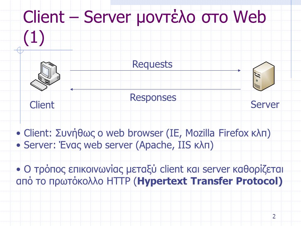2 Client – Server μοντέλο στο Web (1) Requests Responses Client Server • Client: Συνήθως ο web browser (IE, Mozilla Firefox κλπ) • Server: Ένας web server (Apache, IIS κλπ) • Ο τρόπος επικοινωνίας μεταξύ client και server καθορίζεται από το πρωτόκολλο HTTP (Hypertext Transfer Protocol)