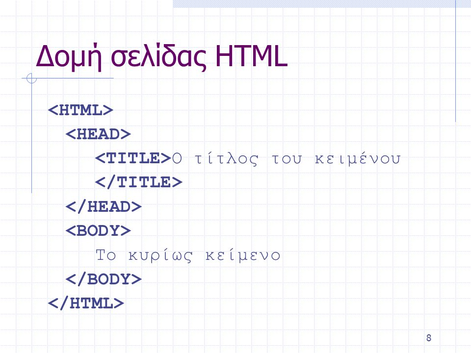 8 Δομή σελίδας HTML Ο τίτλος του κειμένου Το κυρίως κείμενο