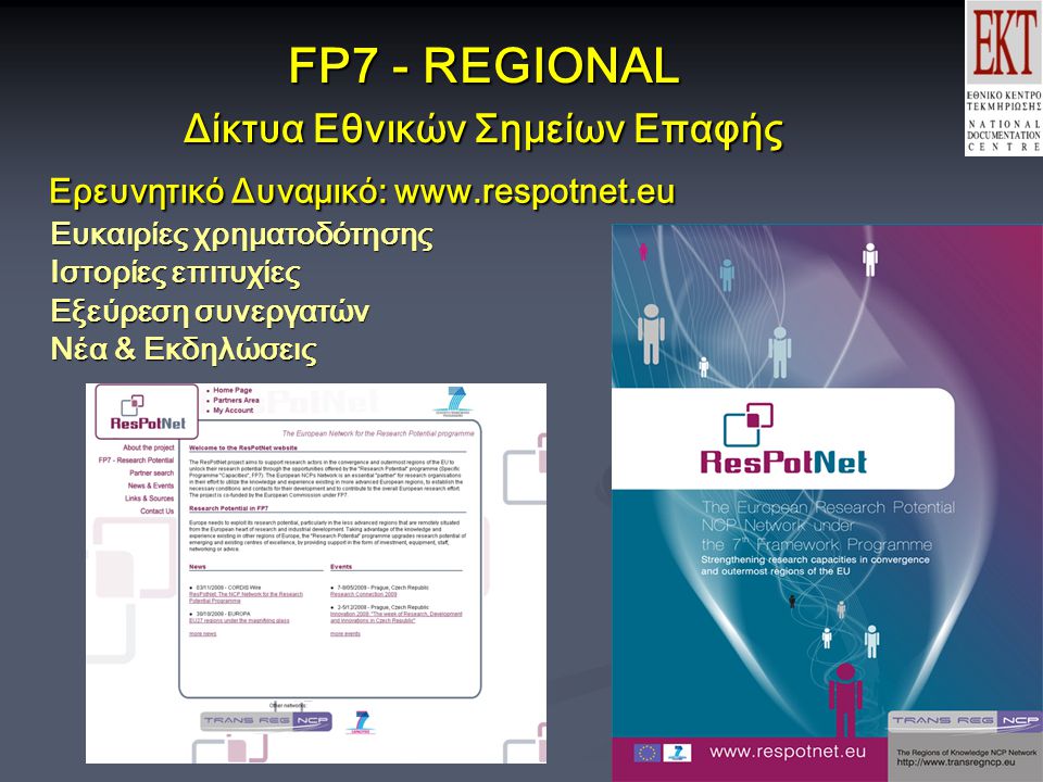 FP7 - REGIONAL Δίκτυα Εθνικών Σημείων Επαφής Ερευνητικό Δυναμικό:   Ευκαιρίες χρηματοδότησης Ιστορίες επιτυχίες Εξεύρεση συνεργατών Νέα & Εκδηλώσεις Ερευνητικό Δυναμικό:   Ευκαιρίες χρηματοδότησης Ιστορίες επιτυχίες Εξεύρεση συνεργατών Νέα & Εκδηλώσεις