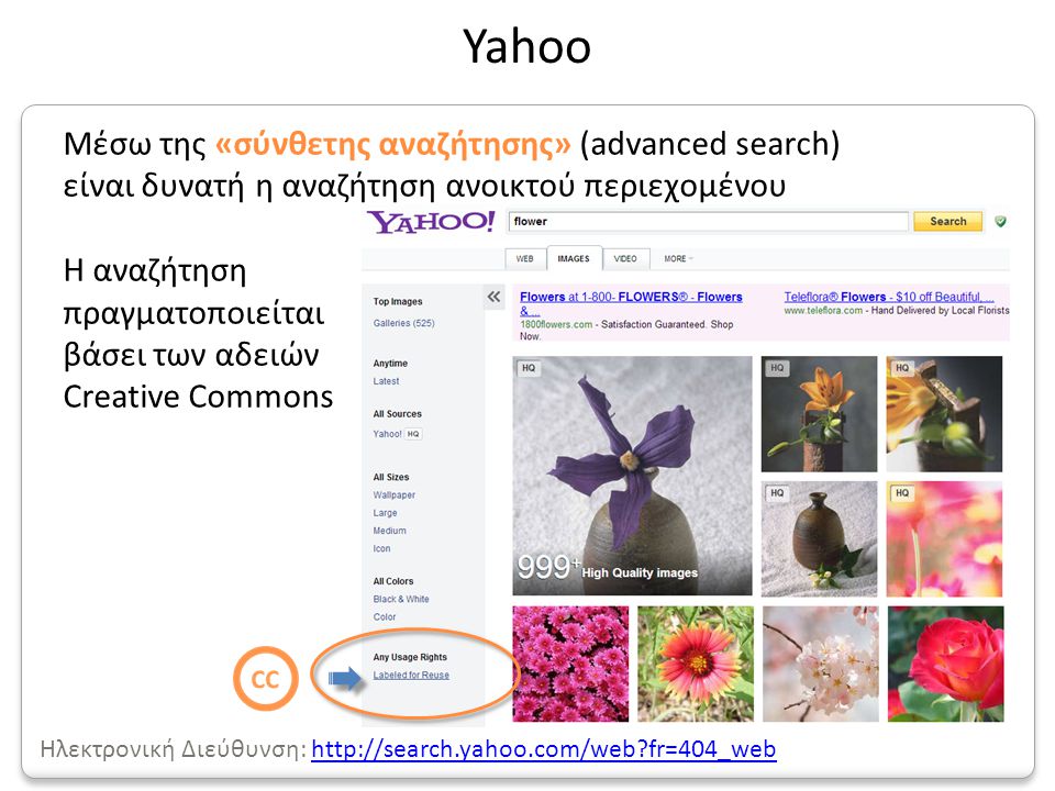 Μέσω της «σύνθετης αναζήτησης» (advanced search) είναι δυνατή η αναζήτηση ανοικτού περιεχομένου H αναζήτηση πραγματοποιείται βάσει των αδειών Creative Commons Yahoo Ηλεκτρονική Διεύθυνση:   fr=404_webhttp://search.yahoo.com/web fr=404_web