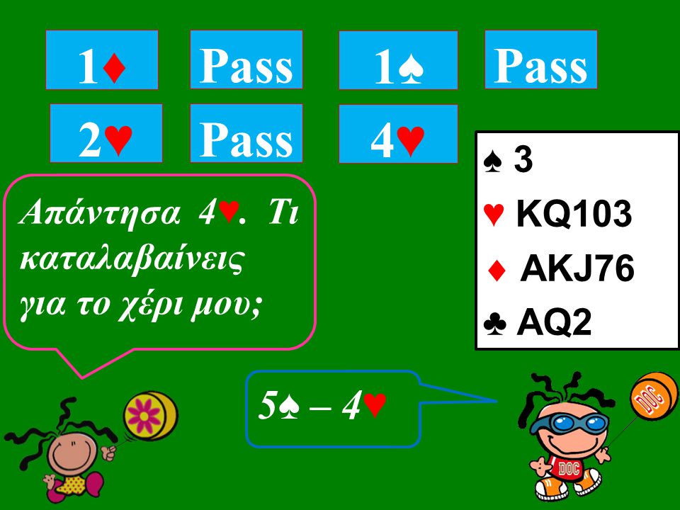 ♠ 3 ♥ ΚQ103  ΑKJ76 ♣ AQ2 1♦1♦ Pass 2♥2♥ 1♠1♠ Απάντησα 4 ♥.