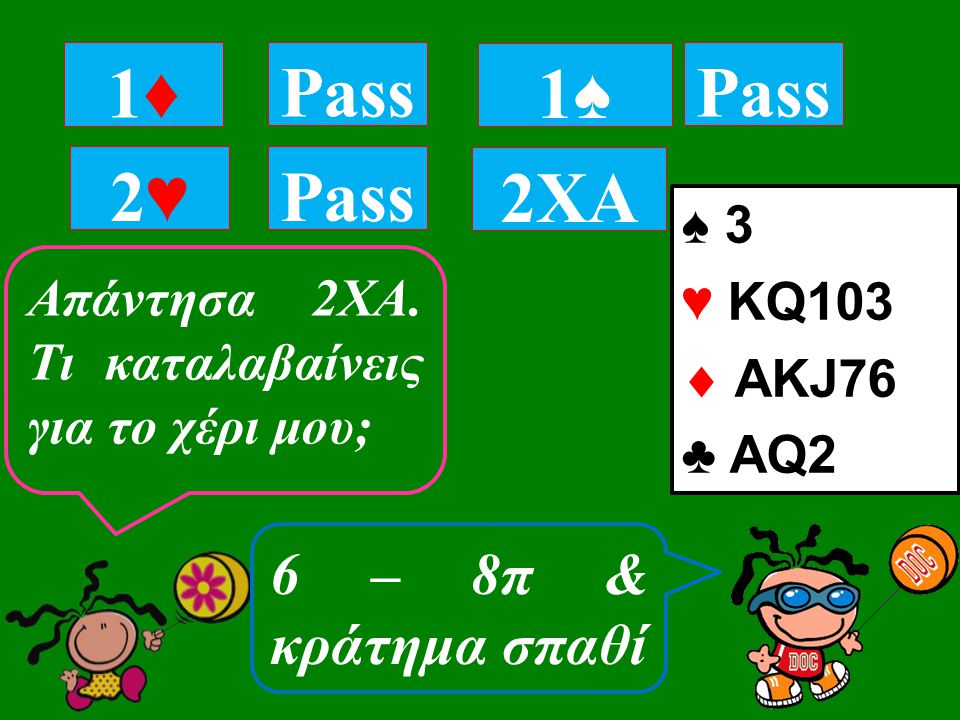 ♠ 3 ♥ ΚQ103  ΑKJ76 ♣ AQ2 1♦1♦ Pass 2♥2♥ 1♠1♠ Απάντησα 2ΧΑ.