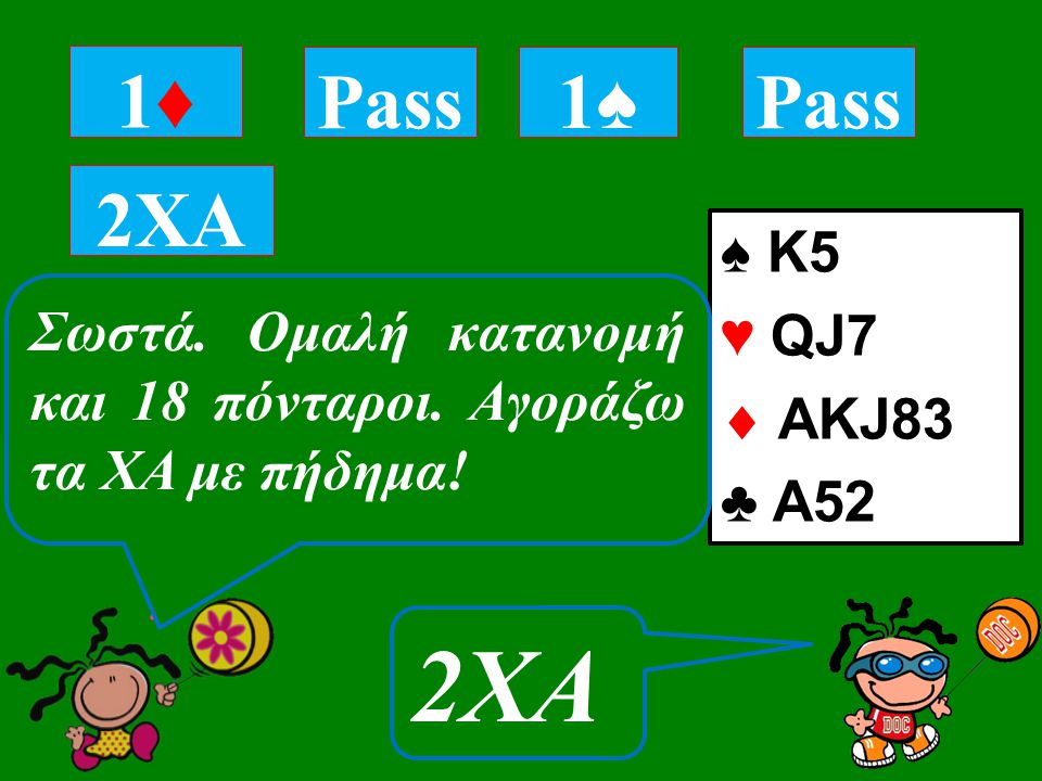 ♠ Κ5 ♥ QJ7  AKJ83 ♣ A52 1♦1♦ Tι επαναδηλώνεις με αυτό το χέρι; 2XA Pass 1♠1♠ 2XA Σωστά.