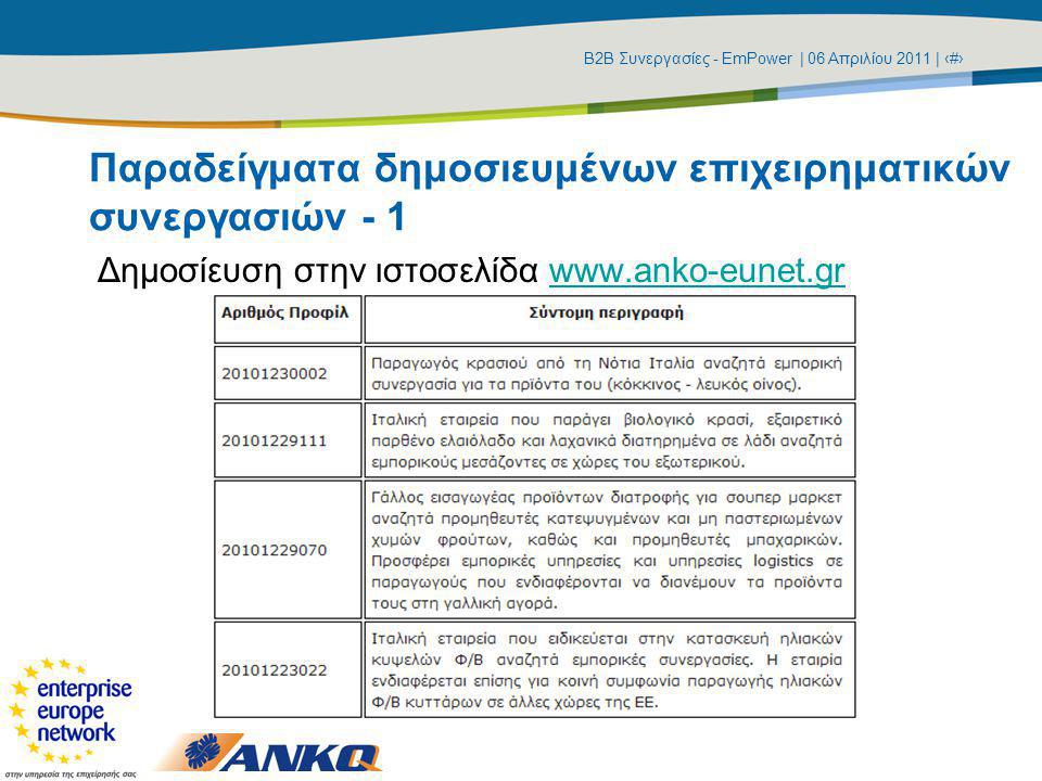 Β2Β Συνεργασίες - EmPower | 06 Απριλίου 2011 | ‹#› Παραδείγματα δημοσιευμένων επιχειρηματικών συνεργασιών - 1 Δημοσίευση στην ιστοσελίδα