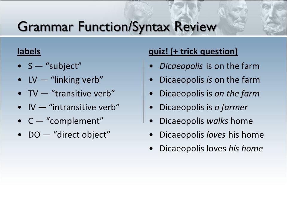 Grammar Function/Syntax Review labels •S — subject •LV — linking verb •TV — transitive verb •IV — intransitive verb •C — complement •DO — direct object quiz.
