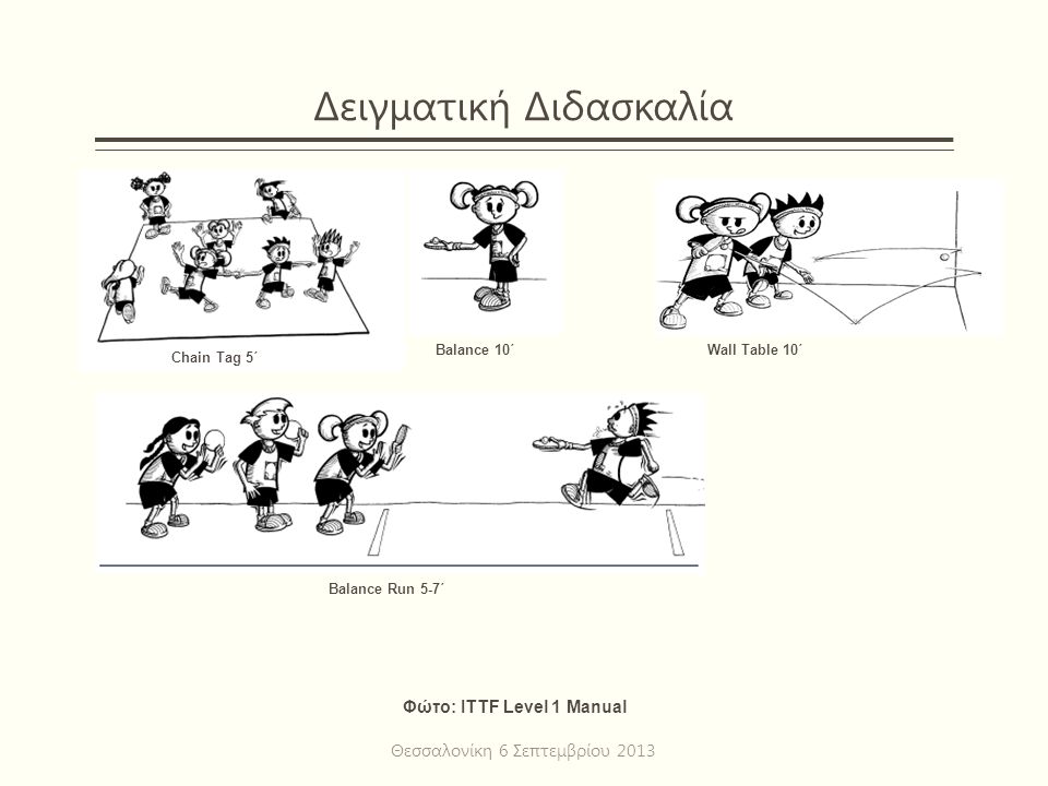 Δειγματική Διδασκαλία Θεσσαλονίκη 6 Σεπτεμβρίου 2013 Chain Tag 5΄ Φώτο: ITTF Level 1 Manual Balance 10΄ Balance Run 5-7΄ Wall Table 10΄