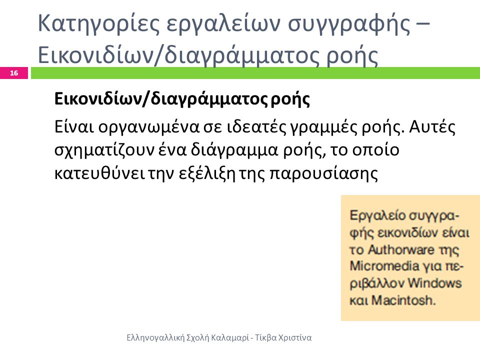 Κατηγορίες εργαλείων συγγραφής – Εικονιδίων / διαγράμματος ροής Ελληνογαλλική Σχολή Καλαμαρί - Τίκβα Χριστίνα 16 Εικονιδίων / διαγράμματος ροής Είναι οργανωμένα σε ιδεατές γραμμές ροής.