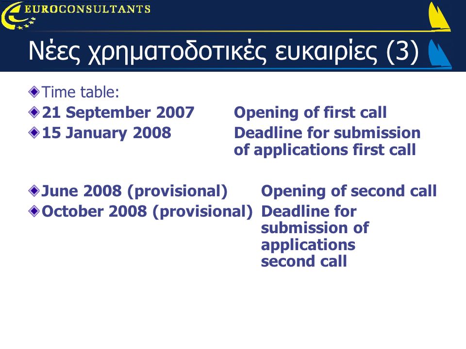 Time table: 21 September 2007Opening of first call 15 January 2008Deadline for submission of applications first call June 2008 (provisional)Opening of second call October 2008 (provisional)Deadline for submission of applications second call Νέες χρηματοδοτικές ευκαιρίες (3)