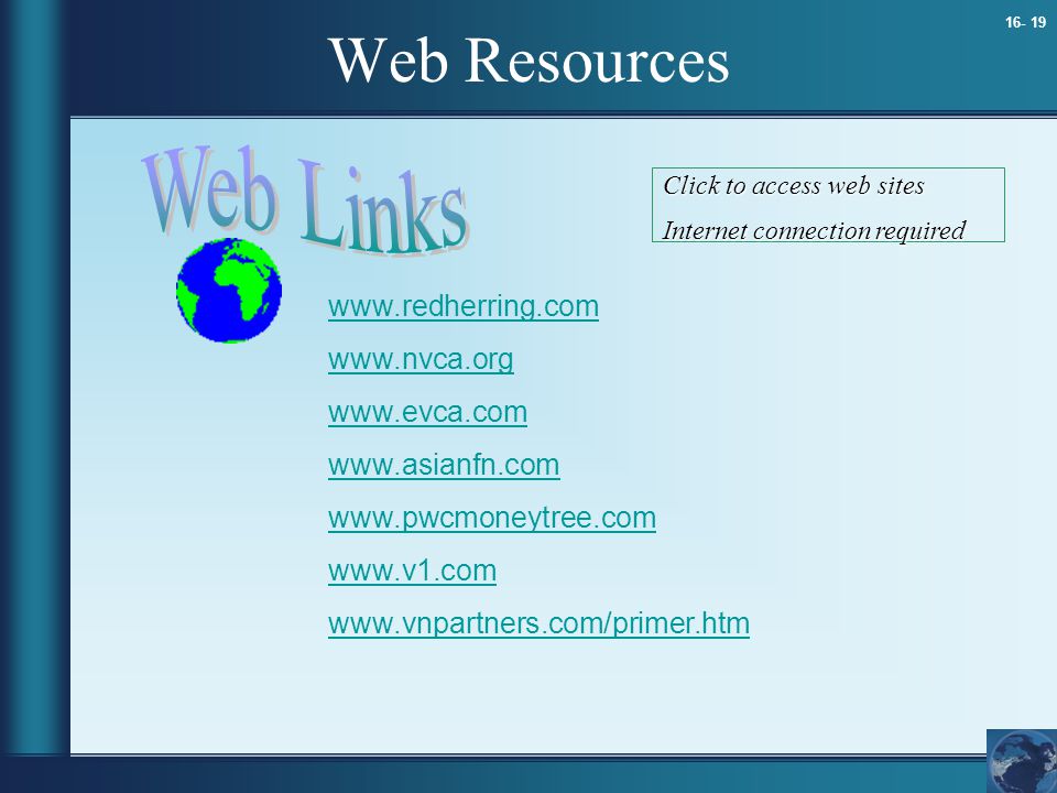 Web Resources Click to access web sites Internet connection required