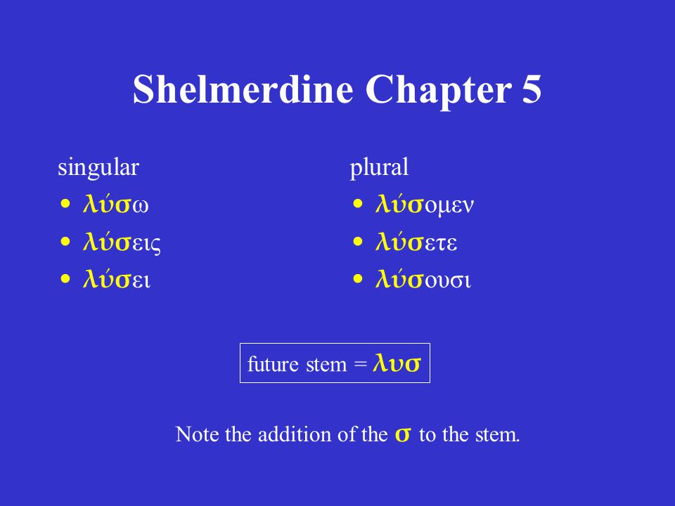 Shelmerdine Chapter 5 singular λύσ ω λύσ εις λύσ ει plural λύσ ομεν λύσ ετε λύσ ουσι future stem = λυσ Note the addition of the σ to the stem.