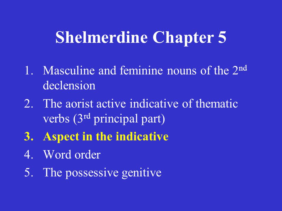 Shelmerdine Chapter 5 1.Masculine and feminine nouns of the 2 nd declension 2.The aorist active indicative of thematic verbs (3 rd principal part) 3.Aspect in the indicative 4.Word order 5.The possessive genitive