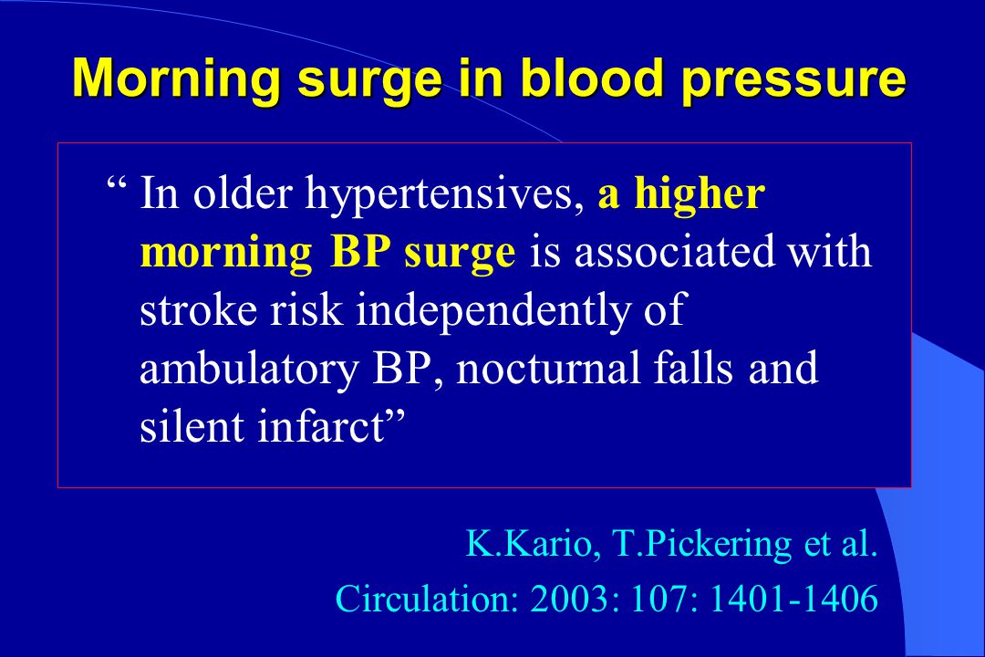 Morning surge in blood pressure as a predictor of cerebrovascular disease in elderly hypertensives K.Kario, T.Pickering et al.