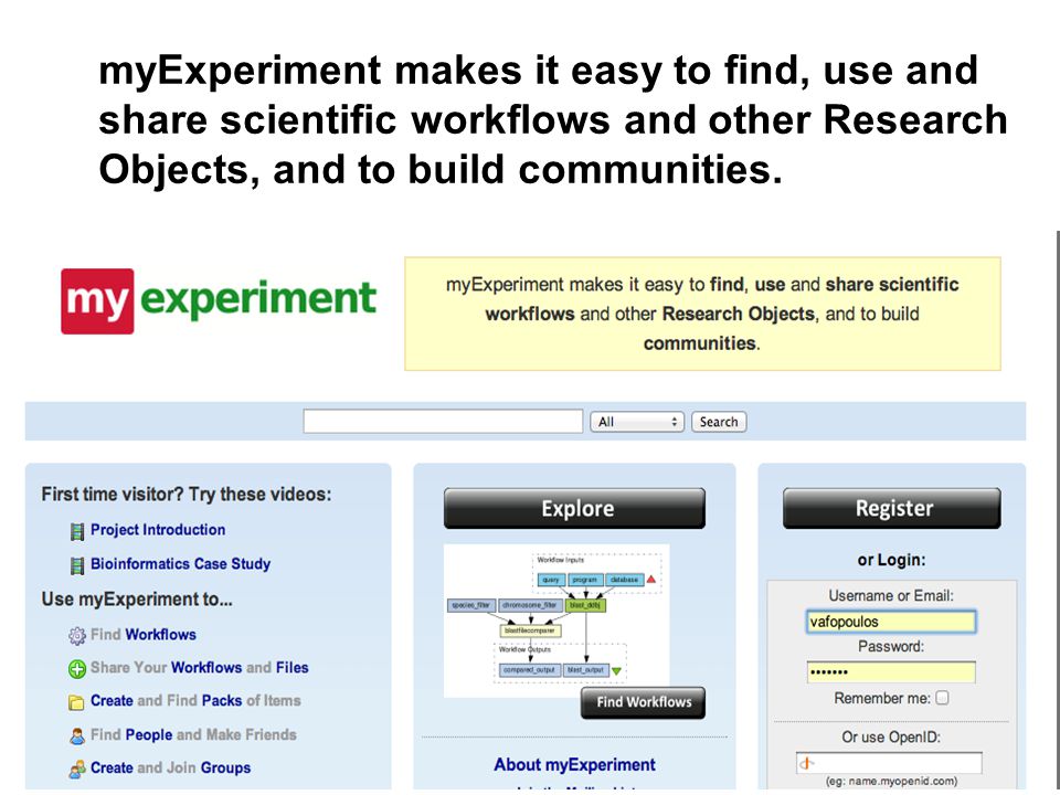 myExperiment makes it easy to find, use and share scientific workflows and other Research Objects, and to build communities.