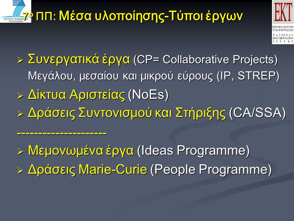 7 ο ΠΠ: Μέσα υλοποίησης-Τύποι έργων  Συνεργατικά έργα (CP= Collaborative Projects) Μεγάλου, μεσαίου και μικρού εύρους (IP, STREP) ‏  Δίκτυα Αριστείας (NoEs)  Δράσεις Συντονισμού και Στήριξης (CA/SSA) ‏  Μεμονωμένα έργα (Ideas Programme) ‏  Δράσεις Marie-Curie (People Programme) ‏