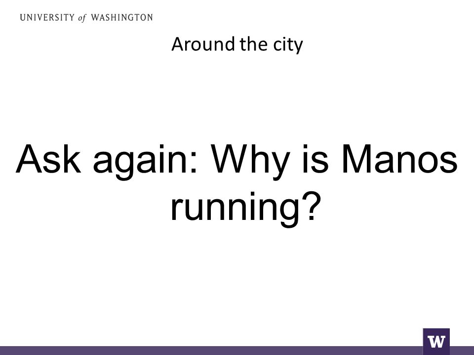 Around the city Ask again: Why is Manos running