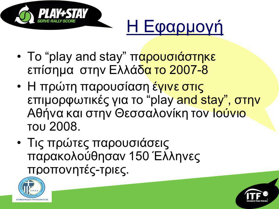 Η Εφαρμογή Το play and stay παρουσιάστηκε επίσημα στην Ελλάδα το Η πρώτη παρουσίαση έγινε στις επιμορφωτικές για το play and stay , στην Αθήνα και στην Θεσσαλονίκη τον Ιούνιο του 2008.