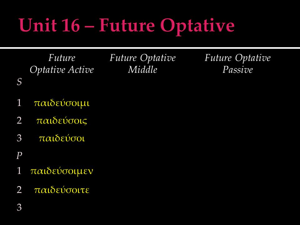 S Future Optative Active Future Optative Middle Future Optative Passive 1παιδεύσοιμι 2παιδεύσοις 3παιδεύσοι P 1παιδεύσοιμεν 2παιδεύσοιτε 3