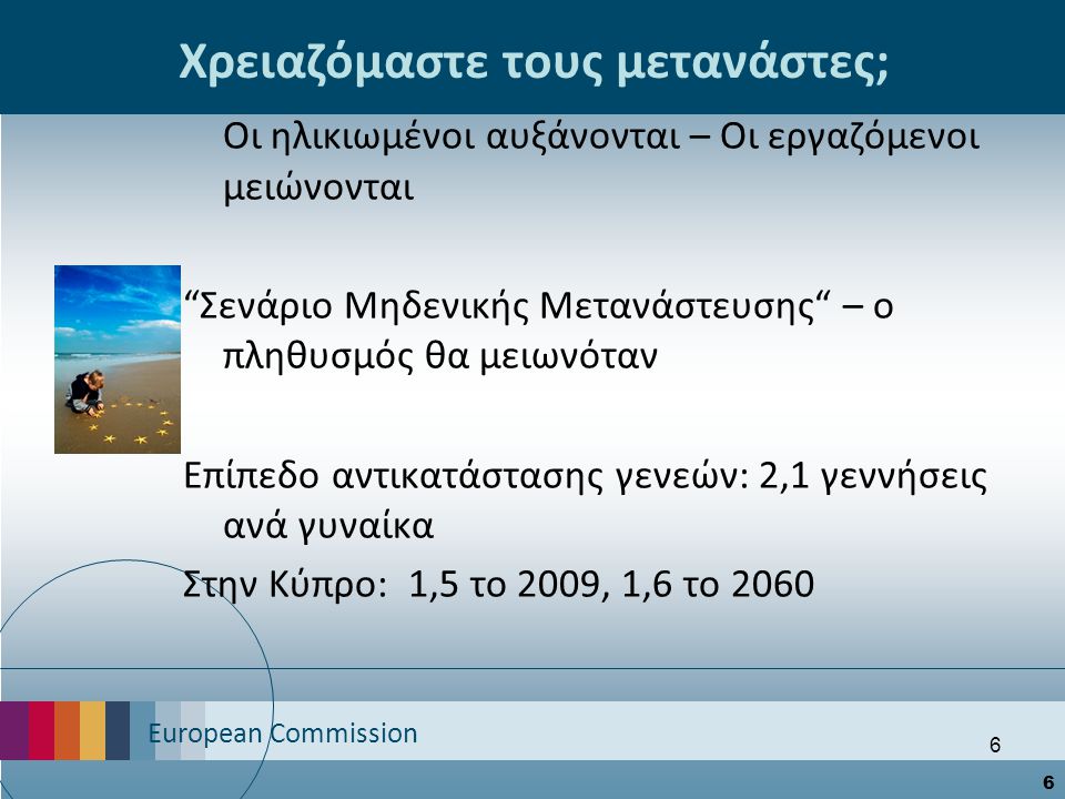 European Commission 6 6 Χρειαζόμαστε τους μετανάστες; Οι ηλικιωμένοι αυξάνονται – Οι εργαζόμενοι μειώνονται Σενάριο Μηδενικής Μετανάστευσης – ο πληθυσμός θα μειωνόταν Επίπεδο αντικατάστασης γενεών: 2,1 γεννήσεις ανά γυναίκα Στην Κύπρο: 1,5 το 2009, 1,6 το 2060