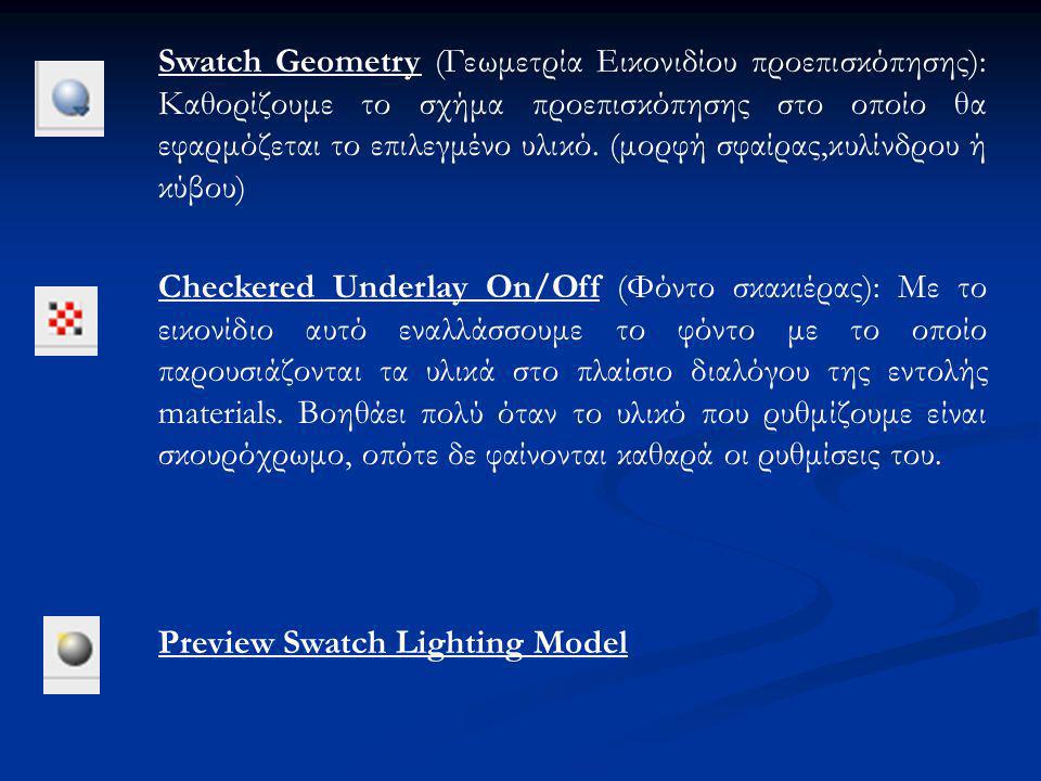 Swatch Geometry (Γεωμετρία Εικονιδίου προεπισκόπησης): Καθορίζουμε το σχήμα προεπισκόπησης στο οποίο θα εφαρμόζεται το επιλεγμένο υλικό.