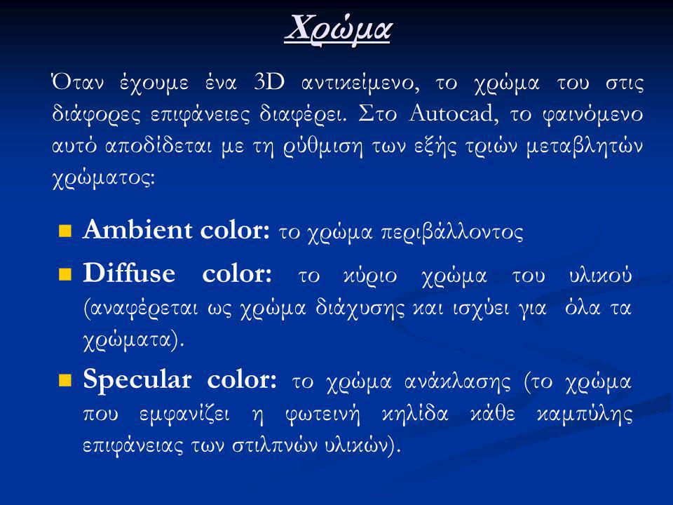 Χρώμα Ambient color: το χρώμα περιβάλλοντος Diffuse color: το κύριο χρώμα του υλικού (αναφέρεται ως χρώμα διάχυσης και ισχύει για όλα τα χρώματα).