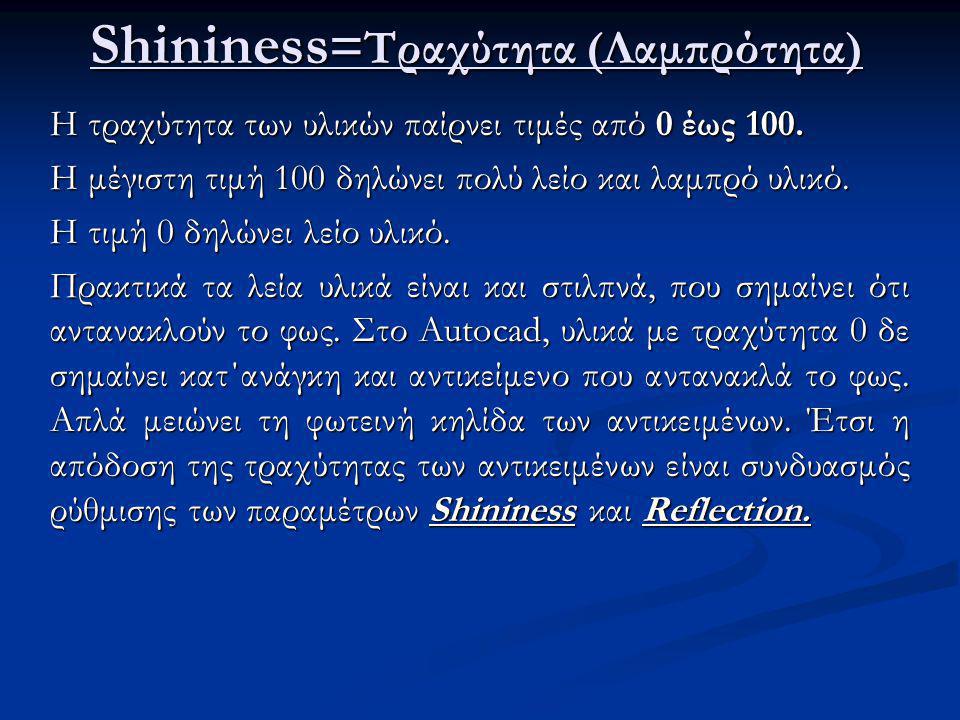 Shininess = Τραχύτητα (Λαμπρότητα) Η τραχύτητα των υλικών παίρνει τιμές από 0 έως 100.