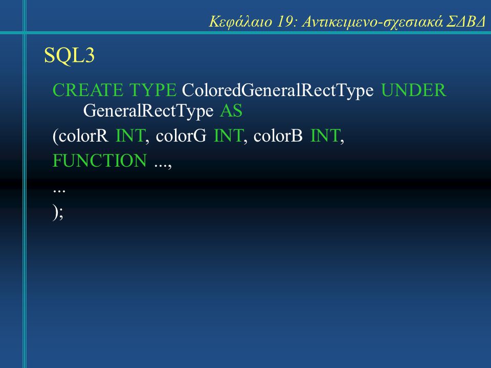 SQL3 Κεφάλαιο 19: Αντικειμενο-σχεσιακά ΣΔΒΔ CREATE TYPE ColoredGeneralRectType UNDER GeneralRectType AS (colorR INT, colorG INT, colorB INT, FUNCTION...,...