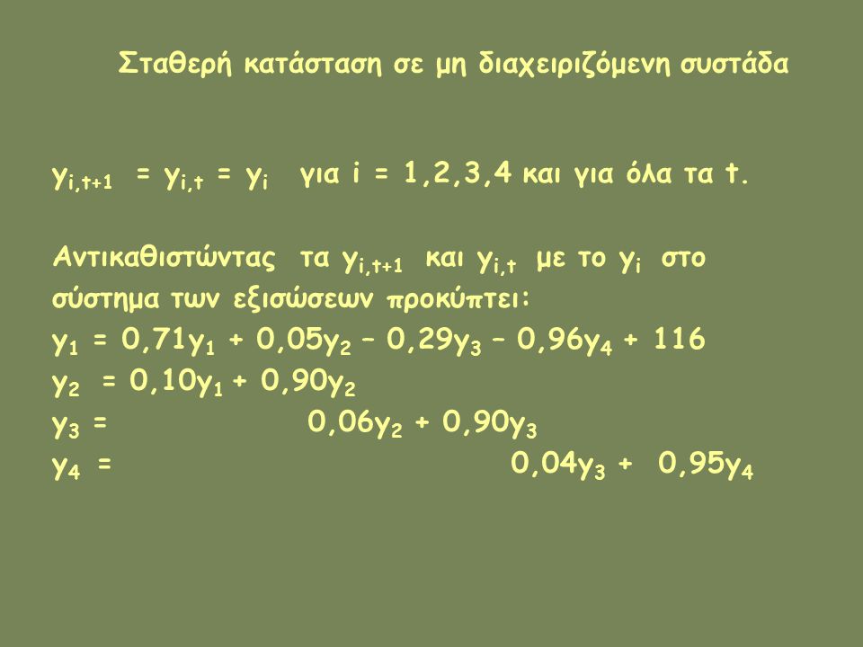 Σταθερή κατάσταση σε μη διαχειριζόμενη συστάδα y i,t+1 = y i,t = y i για i = 1,2,3,4 και για όλα τα t.