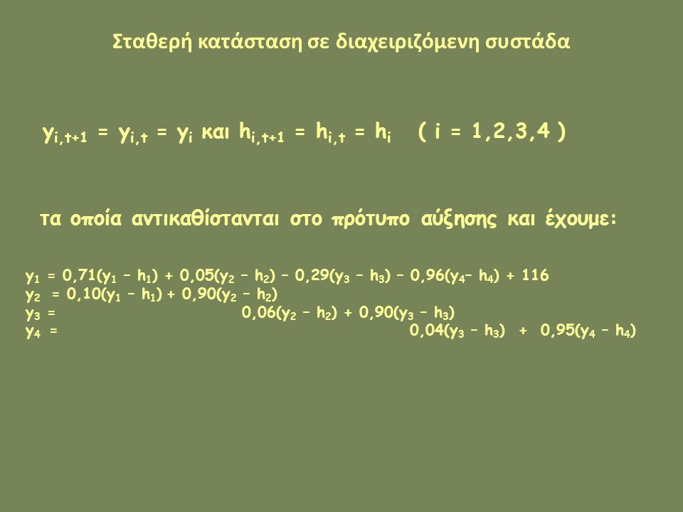Σταθερή κατάσταση σε διαχειριζόμενη συστάδα y i,t+1 = y i,t = y i και h i,t+1 = h i,t = h i ( i = 1,2,3,4 ) τα οποία αντικαθίστανται στο πρότυπο αύξησης και έχουμε: y 1 = 0,71(y 1 – h 1 ) + 0,05(y 2 – h 2 ) – 0,29(y 3 – h 3 ) – 0,96(y 4 – h 4 ) y 2 = 0,10(y 1 – h 1 ) + 0,90(y 2 – h 2 ) y 3 = 0,06(y 2 – h 2 ) + 0,90(y 3 – h 3 ) y 4 = 0,04(y 3 – h 3 ) + 0,95(y 4 – h 4 )