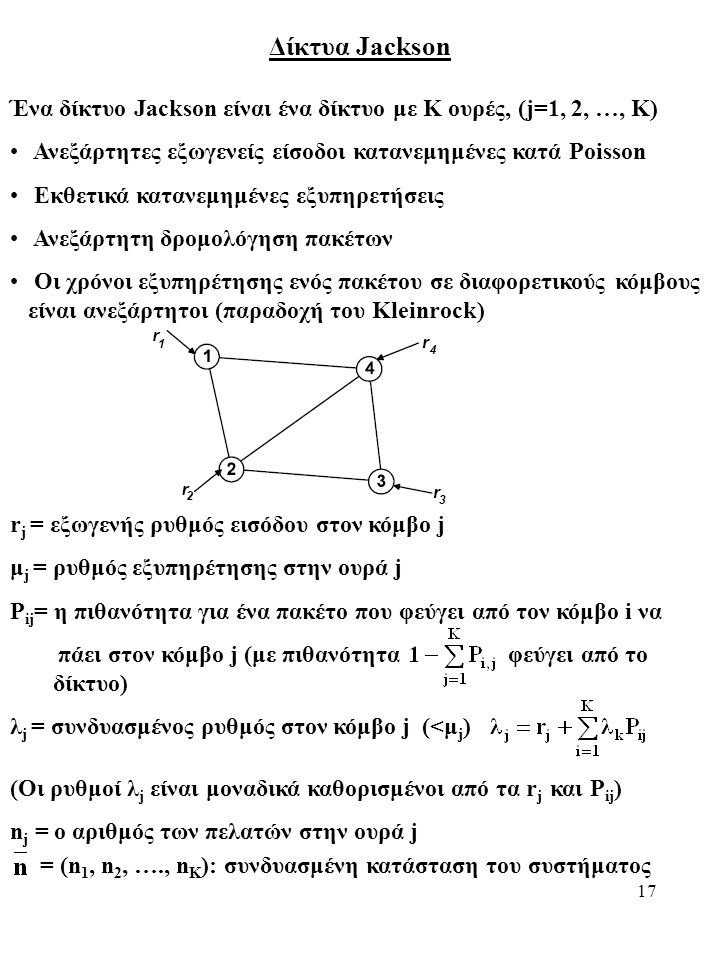 17 Δίκτυα Jackson Ένα δίκτυο Jackson είναι ένα δίκτυο με K ουρές, (j=1, 2, …, K) Ανεξάρτητες εξωγενείς είσοδοι κατανεμημένες κατά Poisson Εκθετικά κατανεμημένες εξυπηρετήσεις Ανεξάρτητη δρομολόγηση πακέτων Οι χρόνοι εξυπηρέτησης ενός πακέτου σε διαφορετικούς κόμβους είναι ανεξάρτητοι (παραδοχή του Kleinrock) r j = εξωγενής ρυθμός εισόδου στον κόμβο j μ j = ρυθμός εξυπηρέτησης στην ουρά j P ij = η πιθανότητα για ένα πακέτο που φεύγει από τον κόμβο i να πάει στον κόμβο j (με πιθανότητα φεύγει από το δίκτυο) λ j = συνδυασμένος ρυθμός στον κόμβο j (<μ j ) (Οι ρυθμοί λ j είναι μοναδικά καθορισμένοι από τα r j και P ij ) n j = ο αριθμός των πελατών στην ουρά j = (n 1, n 2, …., n K ): συνδυασμένη κατάσταση του συστήματος