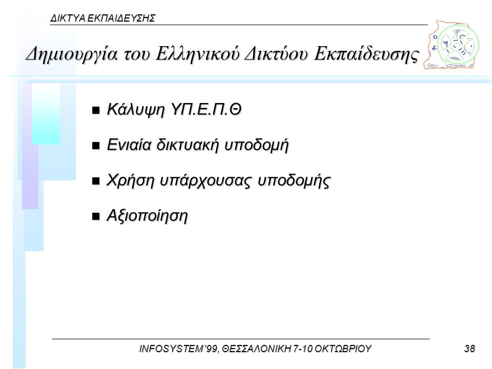 INFOSYSTEM 99, ΘΕΣΣΑΛΟΝΙΚΗ 7-10 ΟΚΤΩΒΡΙΟΥ38 ΔΙΚΤΥΑ ΕΚΠΑΙΔΕΥΣΗΣ Δημιουργία του Ελληνικού Δικτύου Εκπαίδευσης n Κάλυψη ΥΠ.Ε.Π.Θ n Ενιαία δικτυακή υποδομή n Χρήση υπάρχουσας υποδομής n Αξιοποίηση