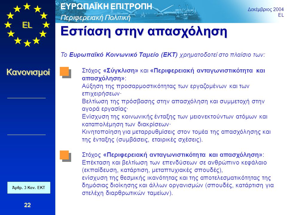 Περιφερειακή Πολιτική ΕΥΡΩΠΑΪΚΗ ΕΠΙΤΡΟΠΗ Δεκέμβριος 2004 EL Κανονισμοί 22 Εστίαση στην απασχόληση Το Ευρωπαϊκό Κοινωνικό Ταμείο (ΕΚΤ) χρηματοδοτεί στο πλαίσιο των: Στόχος «Σύγκλιση» και «Περιφερειακή ανταγωνιστικότητα και απασχόληση»: Αύξηση της προσαρμοστικότητας των εργαζομένων και των επιχειρήσεων· Βελτίωση της πρόσβασης στην απασχόληση και συμμετοχή στην αγορά εργασίας· Ενίσχυση της κοινωνικής ένταξης των μειονεκτούντων ατόμων και καταπολέμηση των διακρίσεων· Κινητοποίηση για μεταρρυθμίσεις στον τομέα της απασχόλησης και της ένταξης (συμβάσεις, εταιρικές σχέσεις).