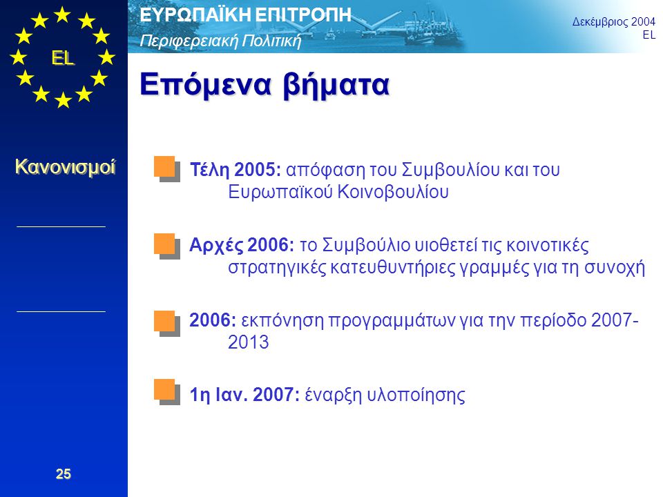 Περιφερειακή Πολιτική ΕΥΡΩΠΑΪΚΗ ΕΠΙΤΡΟΠΗ Δεκέμβριος 2004 EL Κανονισμοί 25 Επόμενα βήματα Τέλη 2005: απόφαση του Συμβουλίου και του Ευρωπαϊκού Κοινοβουλίου Αρχές 2006: το Συμβούλιο υιοθετεί τις κοινοτικές στρατηγικές κατευθυντήριες γραμμές για τη συνοχή 2006: εκπόνηση προγραμμάτων για την περίοδο η Ιαν.