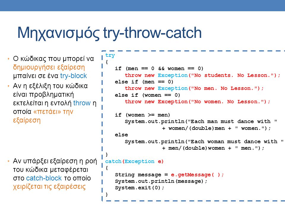 Μηχανισμός try-throw-catch Ο κώδικας που μπορεί να δημιουργήσει εξαίρεση μπαίνει σε ένα try-block Αν η εξέλιξη του κώδικα είναι προβληματική εκτελείται η εντολή throw η οποία «πετάει» την εξαίρεση Αν υπάρξει εξαίρεση η ροή του κώδικα μεταφέρεται στο catch-block το οποίο χειρίζεται τις εξαιρέσεις try { if (men == 0 && women == 0) throw new Exception( No students.