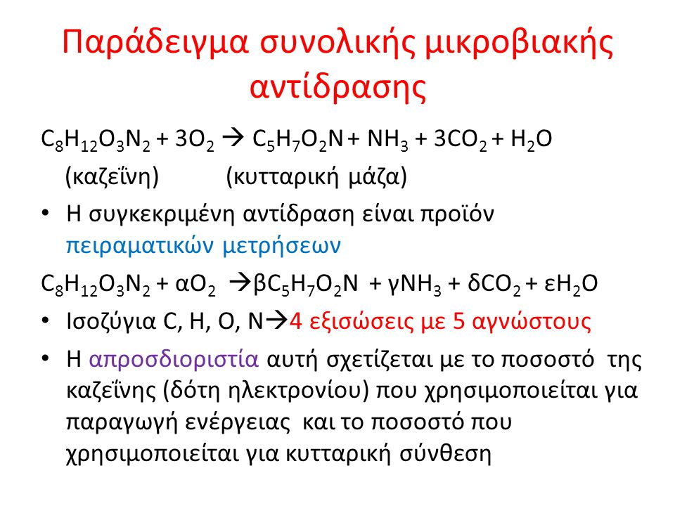 Παράδειγμα συνολικής μικροβιακής αντίδρασης C 8 H 12 O 3 N 2 + 3O 2  C 5 H 7 O 2 N + NH 3 + 3CO 2 + H 2 Ο (καζεΐνη) (κυτταρική μάζα) Η συγκεκριμένη αντίδραση είναι προϊόν πειραματικών μετρήσεων C 8 H 12 O 3 N 2 + αO 2  βC 5 H 7 O 2 N + γNH 3 + δCO 2 + εH 2 Ο Ισοζύγια C, H, O, N  4 εξισώσεις με 5 αγνώστους Η απροσδιοριστία αυτή σχετίζεται με το ποσοστό της καζεΐνης (δότη ηλεκτρονίου) που χρησιμοποιείται για παραγωγή ενέργειας και το ποσοστό που χρησιμοποιείται για κυτταρική σύνθεση