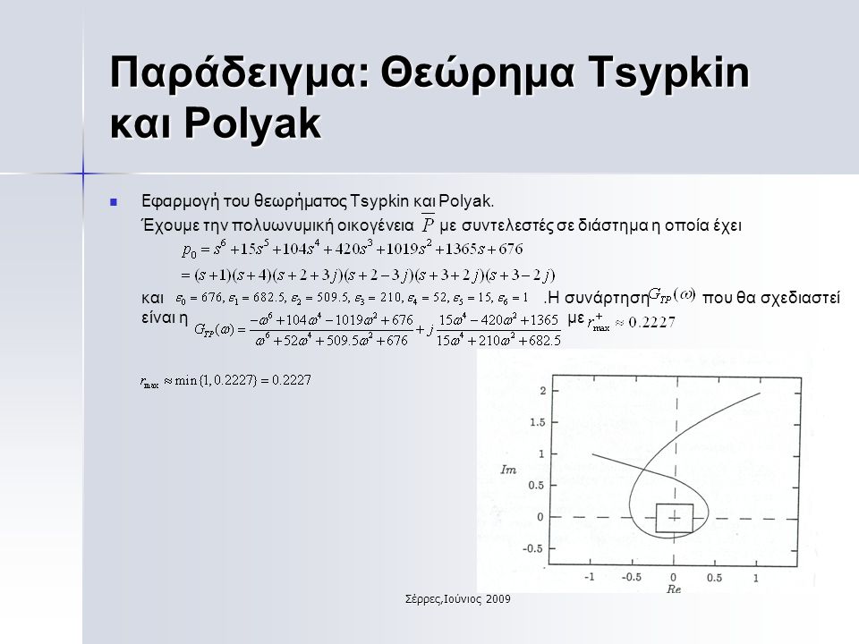 Σέρρες,Ιούνιος 2009 Παράδειγμα: Θεώρημα Tsypkin και Polyak Εφαρμογή του θεωρήματος Tsypkin και Polyak.