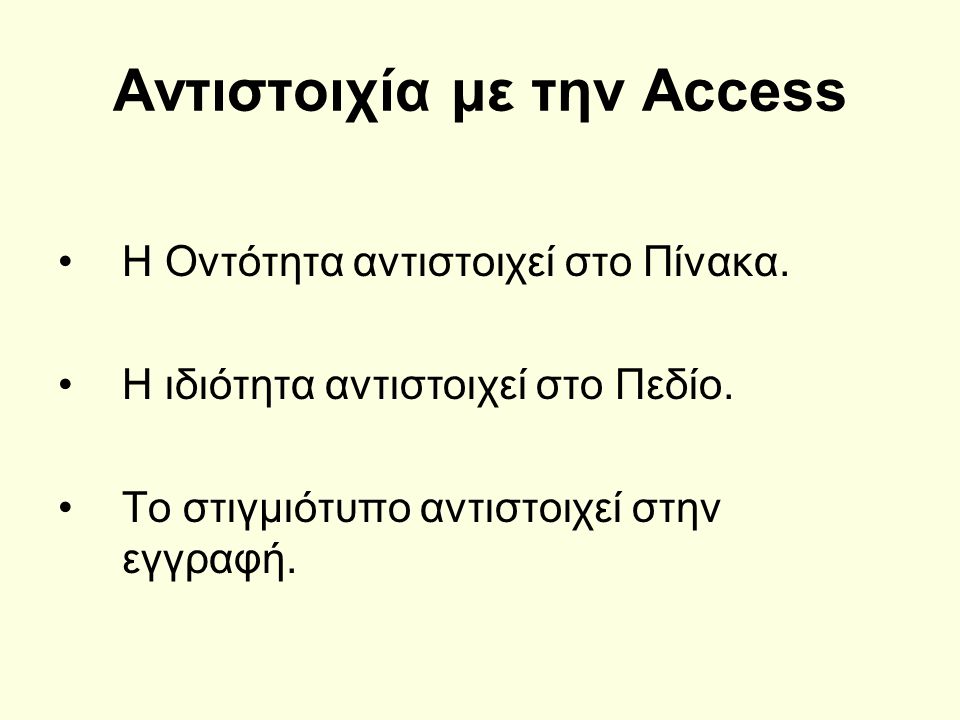 Αντιστοιχία με την Access Η Οντότητα αντιστοιχεί στο Πίνακα.