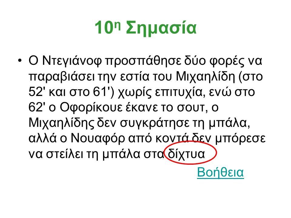 10 η Σημασία Ο Ντεγιάνοφ προσπάθησε δύο φορές να παραβιάσει την εστία του Μιχαηλίδη (στο 52 και στο 61 ) χωρίς επιτυχία, ενώ στο 62 ο Οφορίκουε έκανε το σουτ, ο Μιχαηλίδης δεν συγκράτησε τη μπάλα, αλλά ο Νουαφόρ από κοντά δεν μπόρεσε να στείλει τη μπάλα στα δίχτυα Βοήθεια
