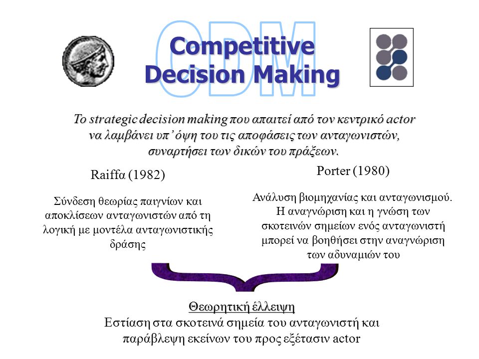 Competitive Decision Making To strategic decision making που απαιτεί από τον κεντρικό actor να λαμβάνει υπ’ όψη του τις αποφάσεις των ανταγωνιστών, συναρτήσει των δικών του πράξεων.